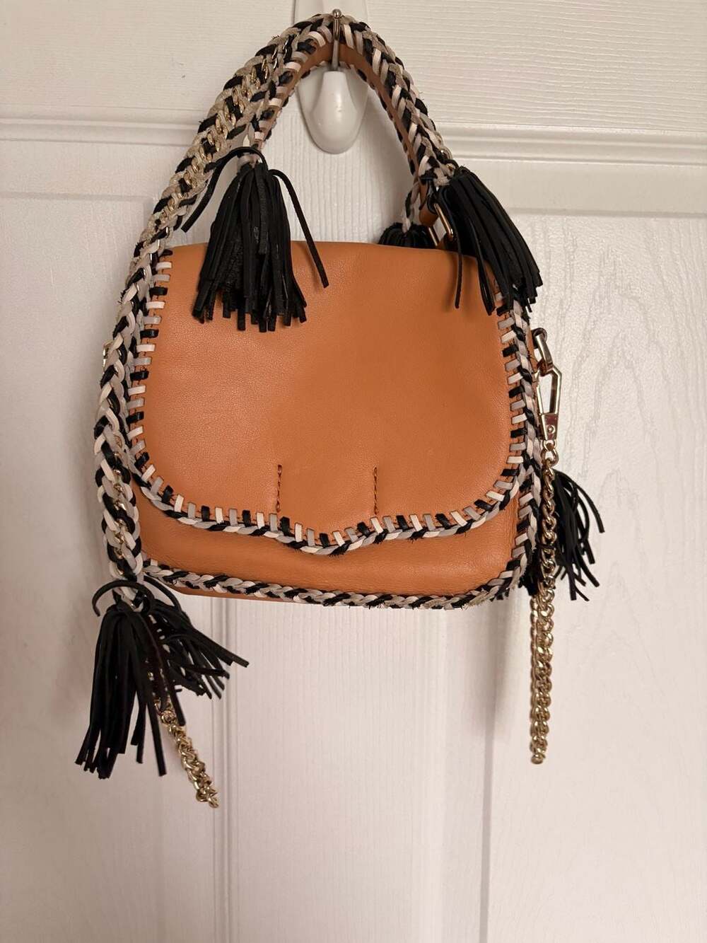 Rebecca Minkoff Chase Leather Saddle Crossbody Bag with Tassels and Chain Strap